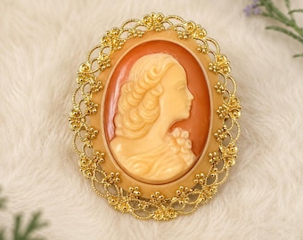 Vintage Cameo 1.75” Brooch, Gold Tone Filigree Portrait Pin, Victorian Style Jewelry