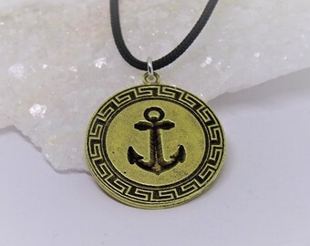 Greek Navy Symbol Pendant Necklace, Anchor necklace men, men's anchor necklace with black cord, surfer beach nautical necklace, men jewelry