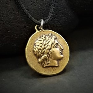 Apollo Greek Coin Pendant Necklace, Antique Bronze Coin, Rare Greek Coin, Greek Jewelry, Hand Carved coin, Greek Coinage, Lucky Charm