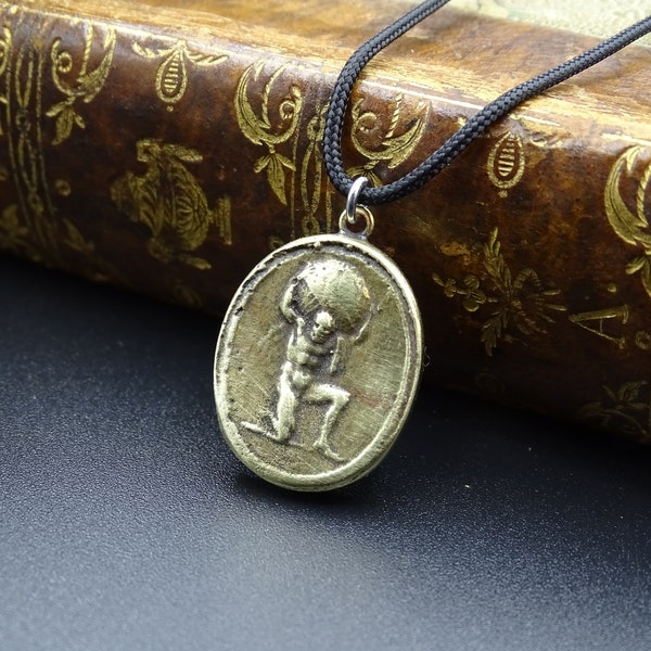 Antique Bronze Atlas pendant necklace, Greek Mythology, the Titan, initial necklace, hand carved, personalized, antique bronze signet charm