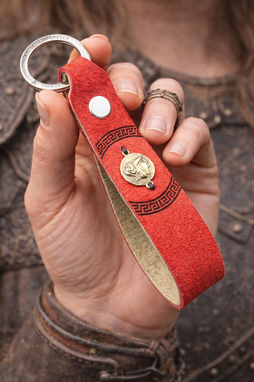 Handmade Greek Leather Keychain With Athena Coin – Orange Red Suede ...