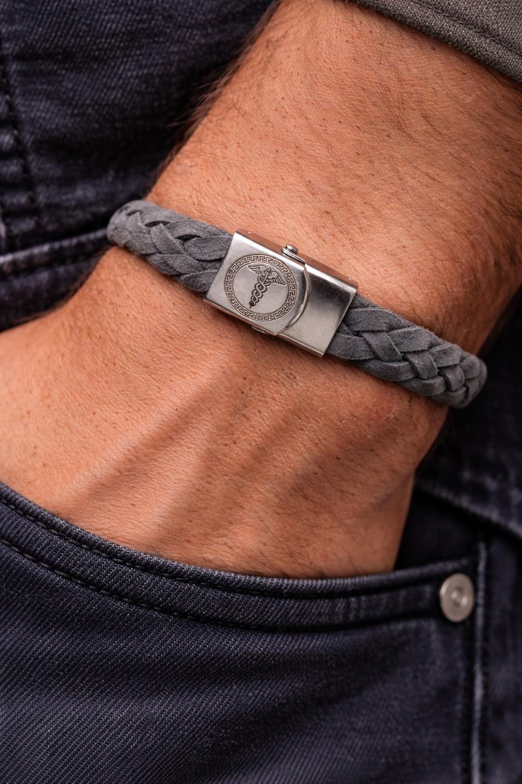 Braided Grey Leather Bracelet – Hermes Symbol, Stainless Steel