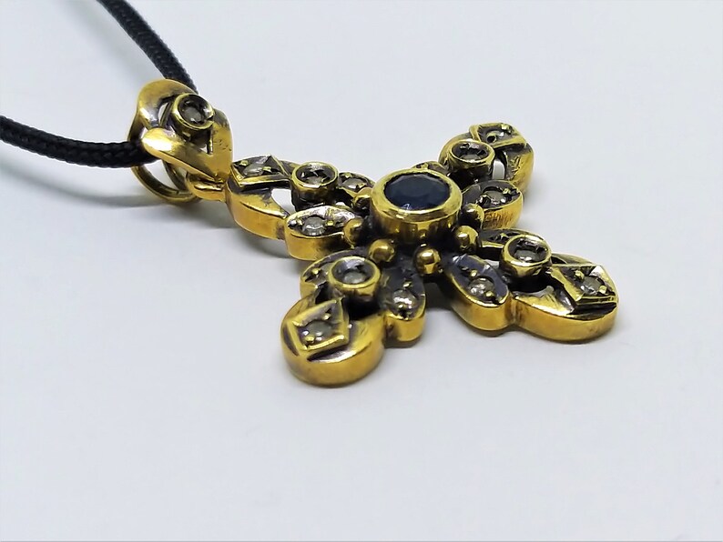 Antique Diamond Cross Necklace – Georgian Style Cross Pendant – Vintage Religious Jewelry – Gold Cross Pendant image 10