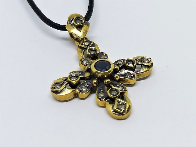 Antique Diamond Cross Necklace – Georgian Style Cross Pendant – Vintage Religious Jewelry – Gold Cross Pendant image 3