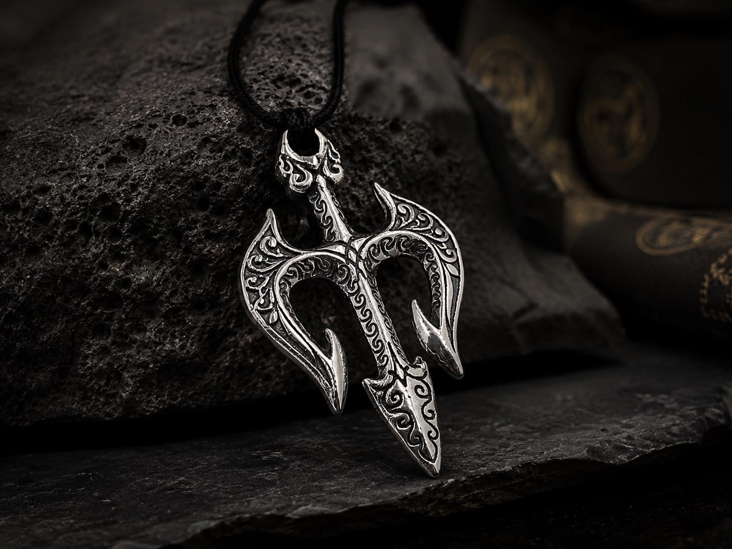 古代風ネックレス Sterling Silver Trident Necklace, Greek Poseidon Pendant, Ancient