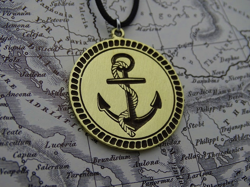 Anchor Jewelry Necklace, Satin Finnish Sailor Necklace, Nautical Summer Necklace, Men Ocean Necklace, Hand carved Skipper necklace gift image 1