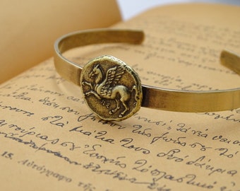 Pegasus Coin Bronze Cuff Bracelet, Goddess Athena Bangle, Athena Antique Coin Jewelry, Vintage Greek Cuff, Gift for Husband, Adjustable cuff