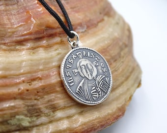 Byzantine Jesus and Michael Coin Pendant Necklace, Solid Silver Replica Coin Necklace, Double side Christian Coin Vintage Christian Jewelry