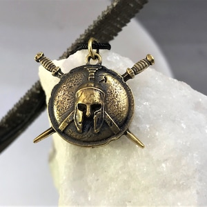 Greek Spartan Shield Pendant with swords, Satin finish Antique Bronze, Leonidas helmet, Lambda necklace, Proudly Symbol,Protection Jewelry
