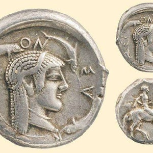 Puede incluir: Moneda de plata con el retrato de una mujer con corona en una cara y un caballo y un jinete en la otra.