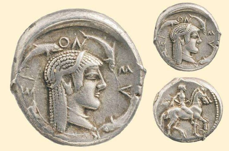 Puede incluir: Moneda de plata con el retrato de una mujer con corona en una cara y un caballo y un jinete en la otra.