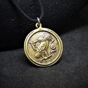 Owl of Athena Pendant, Antique Brass Owl Necklace, Athena Necklace, Replica Ancient Greek Coin Necklace, Gift for Her, Greek Mythology