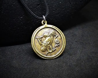 Owl of Athena Pendant, Antique Brass Owl Necklace, Athena Necklace, Replica Ancient Greek Coin Necklace, Gift for Her, Greek Mythology