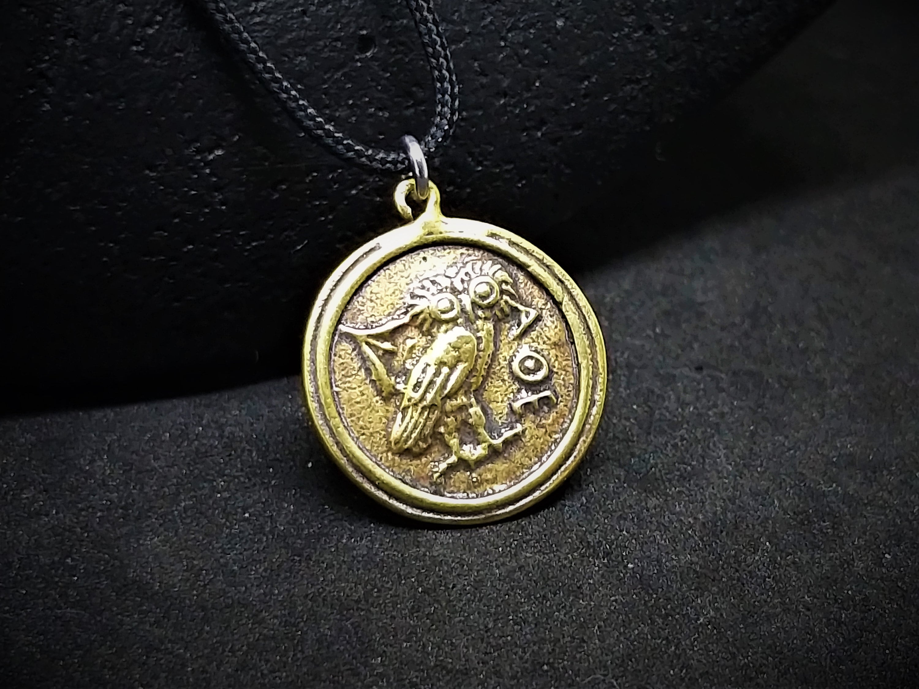 Owl of Athena Pendant, Antique Brass Greek Coin Necklace