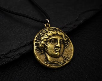 Apollo Pendant Necklace, Bronze Greek God Coin, Macedonia