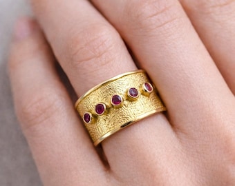 Gold Ring with Red Stones – Wide Band Ring – Statement Gold Ring – Ruby Style Jewelry