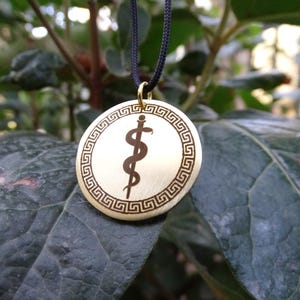 Bronze Snake engraved Pendant, Rod of Asclepius, Asclepius pendant, Hepius pendant, God of Medicine, Healing symbol, Greek Medical Jewellery