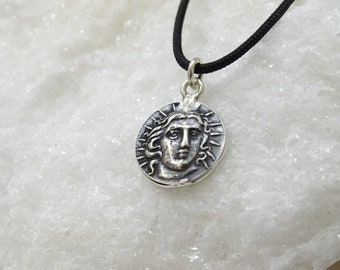 Helios coin pendant, Pure Silver Greek coin necklace, Lucky greece coin, God Sun lucky charm, Protection amulet, Precious gift for grandma