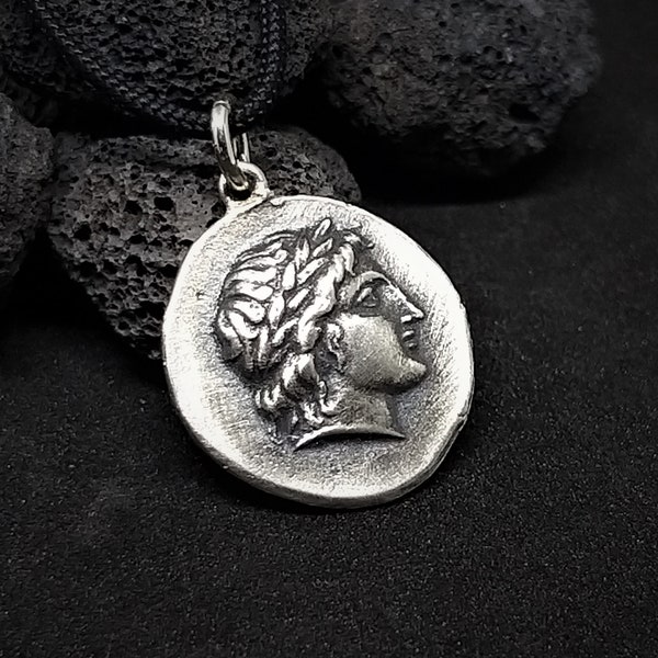 God Apollo Ancient Greek Silver Coin Pendant Necklace, Greek Gouri, greek sculpture, greek pottery, Birthday gifts for women, greek charm