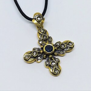 Antique Diamond Cross Necklace – Georgian Style Cross Pendant – Vintage Religious Jewelry – Gold Cross Pendant image 6