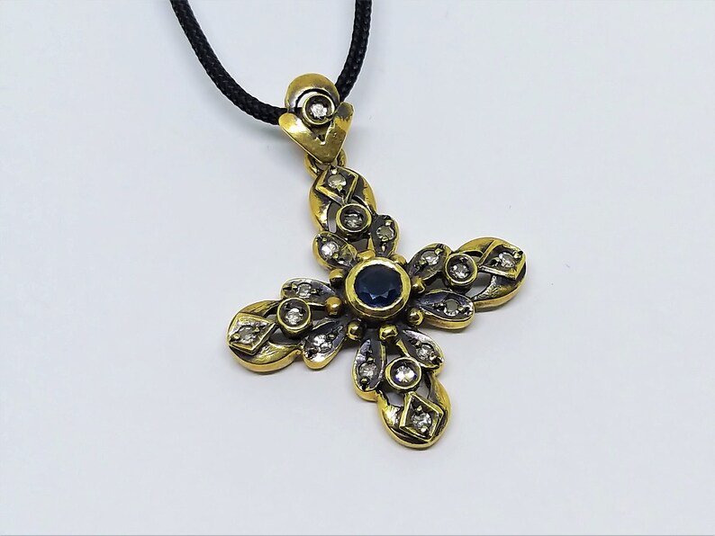 Antique Diamond Cross Necklace – Georgian Style Cross Pendant – Vintage Religious Jewelry – Gold Cross Pendant image 6