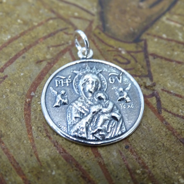 Greek Orthodox Silver Icon Virgin Mary Theotokos pendant, Protection charm, Amulet pendant, Retro Virgin Mary necklace, Madonna Pendant