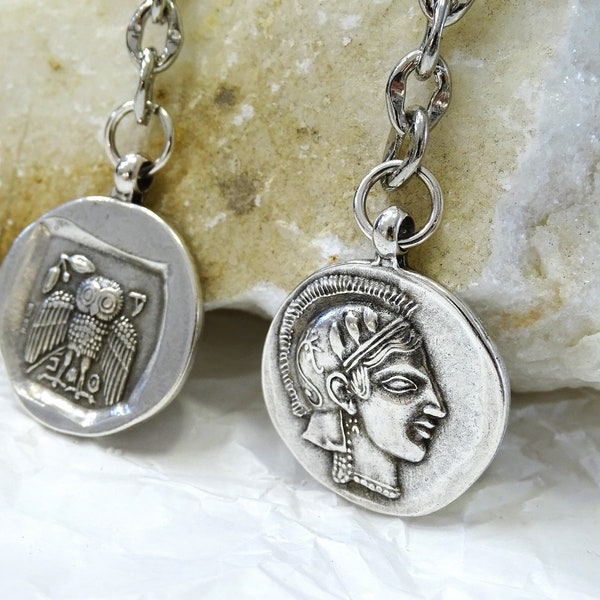 Goddess Athena and Owl Decadrachm coin Keychain, Greece Coin keychain, Greek Athena Keyring, Attica Athens Decadrachm coin, Big Athena coin