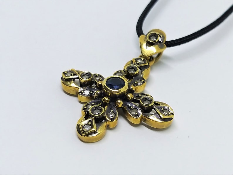 Antique Diamond Cross Necklace – Georgian Style Cross Pendant – Vintage Religious Jewelry – Gold Cross Pendant image 4