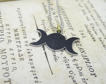 Triple Moon Hecate Crescent Moon Necklace Hecate Pendant, Triple Goddess Necklace, Black Aluminium Triple Moon Charm, Witchy Jewelry gift