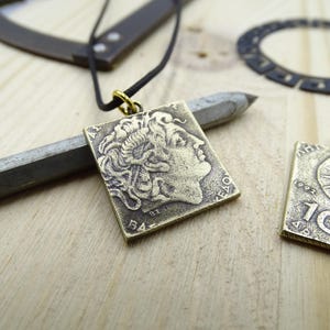 Rare Square Hand cut Greece 100 drachma Alexander the Great Greek reproduction coin, Housewarming Greek gift, Vergina star Coin jewelry Gift