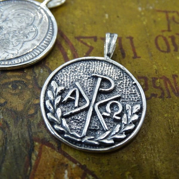 Ciondolo fatto a mano in argento ΑΩ, collana Chi Rho Cross, ciondolo simbolo del cristianesimo, collana amuleto di protezione, regalo di buona salute, fascino ortodosso