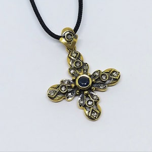 Antique Diamond Cross Necklace – Georgian Style Cross Pendant – Vintage Religious Jewelry – Gold Cross Pendant image 5