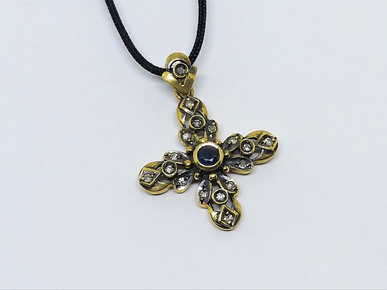 Antique Diamond Cross Necklace – Georgian Style Cross Pendant – Vintage Religious Jewelry – Gold Cross Pendant image 5