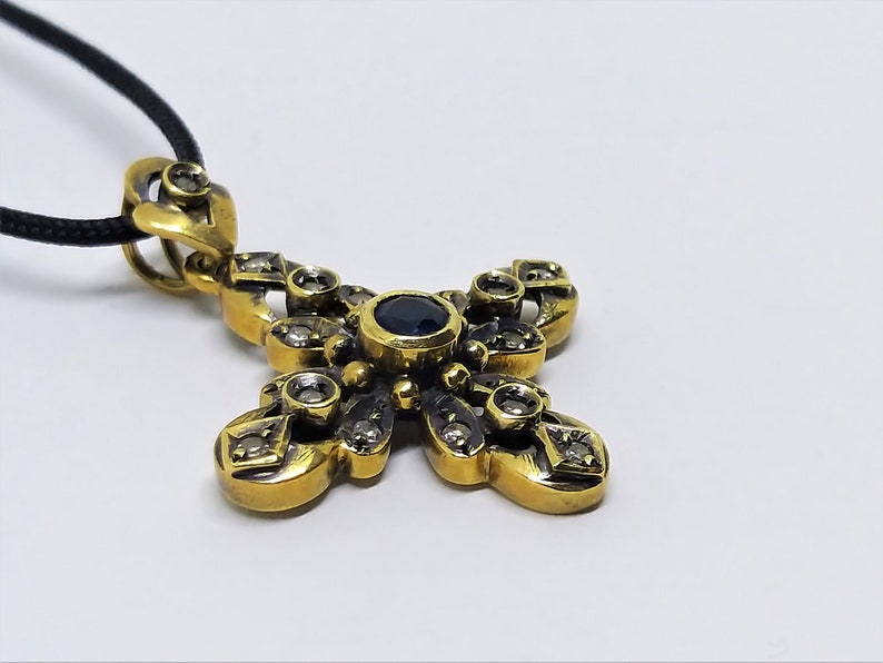 Antique Diamond Cross Necklace – Georgian Style Cross Pendant – Vintage Religious Jewelry – Gold Cross Pendant image 7