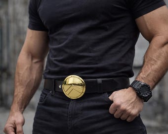 Handmade Leather Belt, Solid Bronze Spartan Shield Buckle