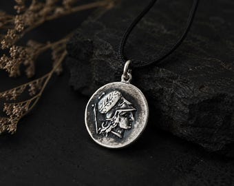 Pegasus Coin Silver Pendant, Goddess Athena Necklace, Athena Antique Coin Pendant, Vintage Greek Pendant