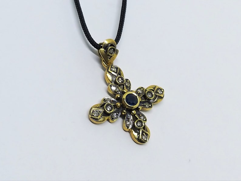 Antique Diamond Cross Necklace – Georgian Style Cross Pendant – Vintage Religious Jewelry – Gold Cross Pendant image 11