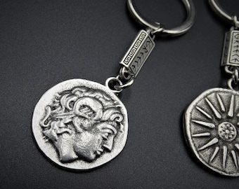 Alexander the Great Double Sided Zamak metal keychain, Vergina sun key ring, Greek jewelry keychain, Mens Coin key holder,Ancient Greek Coin