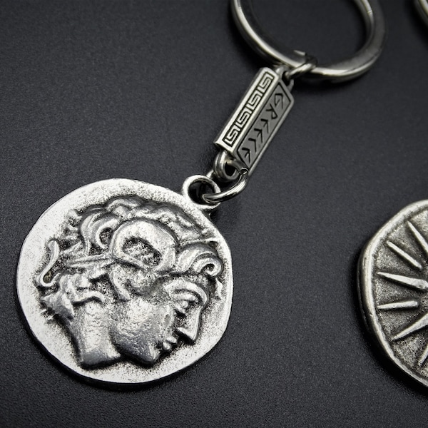 Llavero de metal Zamak de doble cara de Alejandro Magno, llavero de sol Vergina, llavero de joyería griega, llavero de moneda para hombre, moneda griega antigua