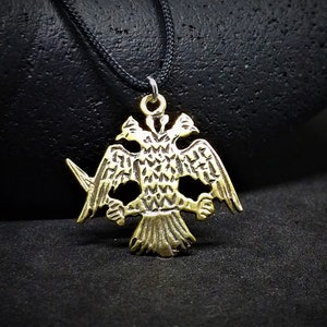 Two Headed Eagle Necklace, Bronze Eagle Pendant, Eagle Men Pendant, Double Eagle Necklace, Bronze Corded Eagle Necklace,Winged Eagle Pendant