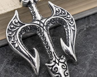 Huge Sterling Silver Trident Necklace, Heavy Poseidon Pendant, Greek Mythology Jewelry, Neptune Trident Charm,Handcrafted Silver Men Pendant