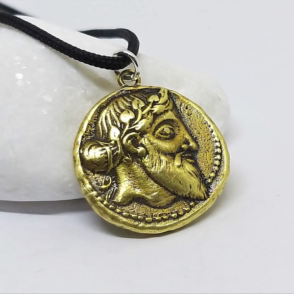 God Dionysus and Faun ancient Greek copy of coin pendant necklace,jewelry spiritual bronze gothic jewellery ceremonial wish protection charm