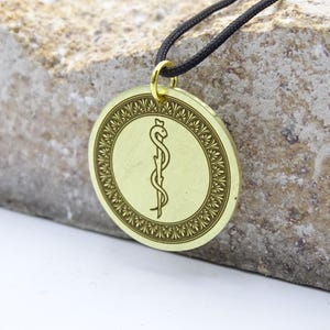 Rod Of Asclepius Brass Pendant, Hand Sketched charm, Staff of Asclepius, Medical First Responder Jewelry Gift for men,Doctor Nurse First Aid