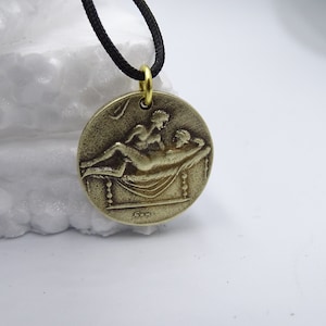 Sex position bronze coin pendant, Black corded Caligula Token Ancient Roman Empire Spintria Brothel Antique Coin, Art of sex jewelry