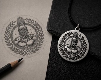 May include: A silver pendant necklace featuring a detailed illustration of a Spartan warrior within a laurel wreath. The pendant is round and hangs on a black cord. A pencil sketch of the same design is on a sheet of paper.