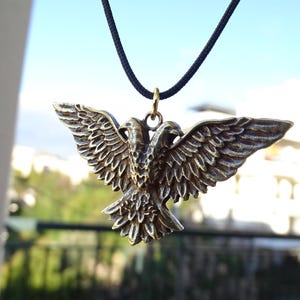 Byzantium Two Headed Eagle Big Necklace, Bronze Men Eagle Pendant, Double Head Eagle Necklace, Bronze Corded Necklace, Winged Eagle Pendant