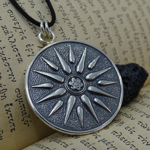Huge Sterling silver pendant necklace with Vergina sun symbol, silver sun jewelry, large vergina sun symbol pendant, vintage star necklace