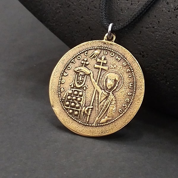 Saint Constantine and Saint Helen Bronze Crucifix Coin Pendant, Goddess Talisman, Amulet necklace,Byzantine coin pendant,Protection talisman