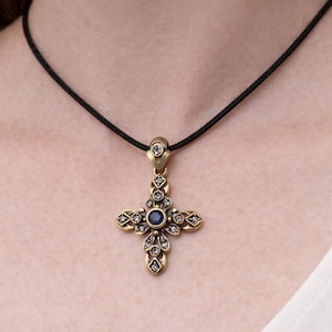 Antique Diamond Cross Necklace – Georgian Style Cross Pendant – Vintage Religious Jewelry – Gold Cross Pendant image 1