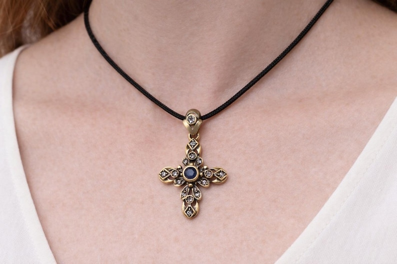 Antique Diamond Cross Necklace – Georgian Style Cross Pendant – Vintage Religious Jewelry – Gold Cross Pendant image 1